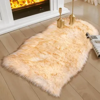 JXLOULAN Faux Lammfell Schaffell Teppich Gradient Braun 75x120 cm, Flauschiger Fell Teppich Wohnzimmer Deko Longhair Weicher für Stühle Sofa Schlafzimmer Kinderzimmer