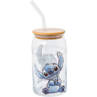 Silver Buffalo Disney Lilo and Stitch Glasbecher mit Bambusdeckel und wiederverwendbarem Glasstrohhalm, 473 ml