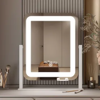 WDWRITTI Dimmbarer Schminkspiegel mit Beleuchtung LED Kosmetikspiegel, Tischspiegel 3 Lichtfarben Dimmbare Helligkeit, 10xLupe, Stehend 360° Drehbar Make Up Mirror mit Touchschalter, Weiß