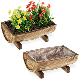 Relaxdays Blumenkasten Holz, 2er Set Pflanzkasten, HBT: 12,5 x 29,5 x 20 cm, außen & innen, Pflanzfass mit Folie, braun