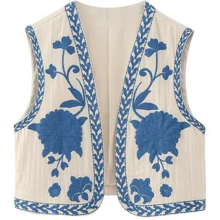 Akayoo Bestickte Weste Damen,Damen Vintage Blumen Stickerei Kurze Weste Jacke,Ärmellose Ethnische Bestickte Weste Traditionelle, Weste Sommer Boho Oberteile Elegante Westen
