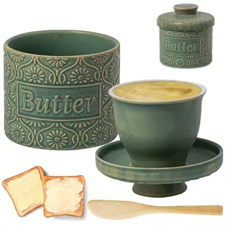 Französische Butterdose, Keramik Butterglocke mit Deckel und Buttermesser, Butterbehälter Wassergekühlt, Porzellan-Buttertopf mit Wasserlinie Vintage-Design für streichfähige Butter (Grün, L)