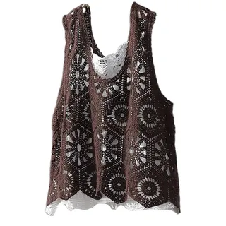 RWGSNB Strick Pullunder, Damen Tanktop mit Blumenmuster Häkel Boho Stil Ausgehöhlt Hippie Stil Lockere Passform Ärmelloser Pullover Leichter Sommer Strandüberzug mit V Ausschnitt für Den Alltag - L