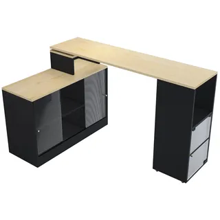 MODFU Bartisch ausziehbar Schwarz 90x155x40 cm mit Stauraum, drehbar auf Rollen, Glasschiebetüren, flexibel als Bar, Sideboard oder Raumteiler