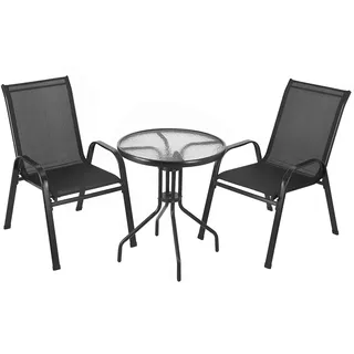 Clevich 3PCS Balkonmöbel Set, 2PCS Stapelbare Hochlehner Gartenstühle aus Textilene & Tisch Rund mit Sicherheitsglas, Wetterfest Gartenmöbel Set, Bistroset Kleiner für Balkon Terrasse Pool Schwarz