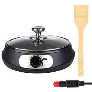 Teppanyaki-Grill für LKW, Wohnmobil, Boot, 24V Elektro-Grillpfanne mit Bambus-Spatel, Deckel aus gehärtetem Glas, Temperatur-Regler, Grillfläche... - Schwarz/Silber