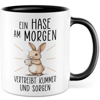 Hase Tasse mit Spruch – Geschenk Ein Hase am Morgen vertreibt Kummer und Sorgen – Kaffeetasse 330ml aus Keramik – Hasen Tierliebe Haustier Freundin Kollege Kaffee-Becher