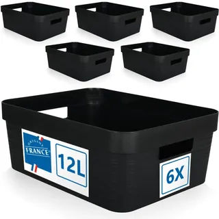 Stimo 6er Set Aufbewahrungsbox 12L Aufbewahrungskorb Kunststoff Ordnungsbox mit Griffen für Badezimmer Regal Organizer Box (Schwarz, 6er Set 12L)