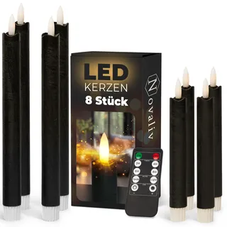 Sparset Stabkerzen LED mit Timer Klein+Groß SCHWARZ 8 Stück indoor - 6 Stunden - ECHTWACHS 18cm+23cm Höhe für Kerzen 2,2cm Durchmesser 2 AAA Batterien notwendig LED Stabkerzen flackernde Flamme