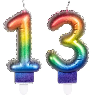 2 Zahlenkerzen * ZAHL 13 * in Regenbogen-Farben mit Steckfuß | ca. 9cm x 5,5cm groß | Farben Rainbow Deko Geburtstag Geburtstagskerze Kerze