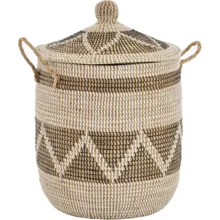 Krines Home Wäschekorb Wäschekorb Wäschesammler mit Deckel Dekokorb Aufbewahrungs-Box, Allzweck-Korb Natur Seegras mit bunten Wicklungen beige|schwarz
