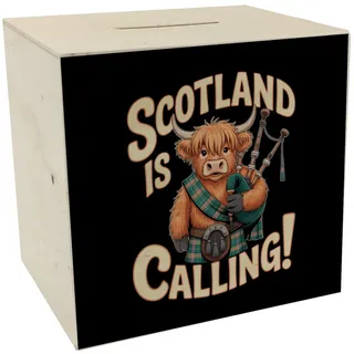 speecheese Spardose aus Holz Scotland is Calling mit Highland-Kuh-Motiv | für Reiseliebhaber - lustiger Spruch für Schottland-Fans
