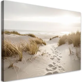 Feeby Bild auf Leinwand - Wandbilder Wohnzimmer Aesthetic - Strand Meer Pflanzen Dünen Natur - 100x70 1tlg - Schlafzimmer Wandekoration - Bilder Zimmer - Living Room - Deko Wandbilder - Moderne Bild