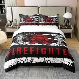 richhome 100% Natur Baumwolle Feuerwehr Kampf Bettbezug 200x200,Feuerwehr Feuerwehr Hydrant Helm Muster Tröster Abdeckung, Retro amerikanische Flagge Schwarz Weiß Geometrie Sterne Streifen Bettwäsche