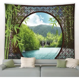 Sxakswol Wandteppich Groß Bambus Wandbehang Landschaft Tapisserie 3D Wandtuch Bambus Wandteppiche Aesthetic für Wohnzimmer Schlafzimmer Wohnheim Wanddeko, 180x200 cm