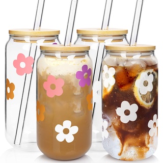 Bierdosenglas mit Deckel und Strohhalm, Dosenförmige Glasbecher, 590 ml Glasbecher, Trinkgläser, Eiskaffeegläser, Smoothie-Tassen, Tumbler Glas