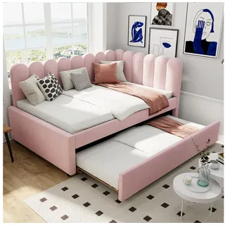 STILVORA Schlafsofa L-Form mit bettfunktion,Polsterbett 140x200 Tagesbett ausziehbar, 140x200 cm in Rosa Samt, Mit Ausziehbett & floraler Rückenlehne, ohne Matratze rosa