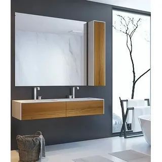 Henneke Doppelwaschtisch Corian® WoodOne eckig mit Unterschrank einreihig, Fugenlos aus Mineralwerkstoff 140 cm x 50 cm