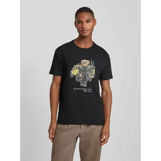 T-Shirt mit Label-Print, BLACK, XL