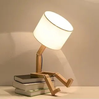 ELINKUME Roboter niedliche Schreibtischlampe, Holz Nachttischlampe, kreative Tischlampe Holz Basis einstellbare Form, Spaß Funky Leselicht für Schlafzimmer, Studie, Büro, Kinderzimmer(E27)