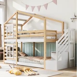 Etagenbett Kinder Aus Kiefer-massivholz & Mdf Natur/weiß 90x200 Cm, Baumhaus-design Mit Stauraum Und 2 Lattenrosten