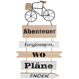Landhaus Garten Holzplankenschild , Modell: ABENTEUER BEGINNEN... , Material Holz mit Metall-Deko-Fahrrad , Maße 49 x 28 cm, Naturband, ideal für...