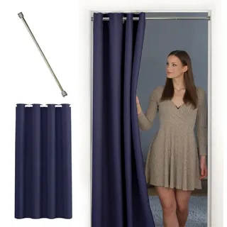tinycurtains Türvorhang mit Stange silber 70-120 cm Thermo Vorhang ohne Bohren, blickdicht, Ösen, abdunkelnd, Polyester, dunkelblau Ocean, Türgardine mit Klemmstange Raumtrenner verdunkelnd blau 150 cm x 200 cm