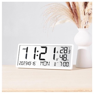 Welikera Wanduhr LCD Wanduhr,Multifunktionale Großbild Uhr mit Temperatur,Kalender weiß