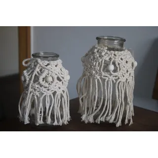 2 Glasvasen mit Makramee, 16 und 19 cm hoch, Blumenvasen im Boho-Design