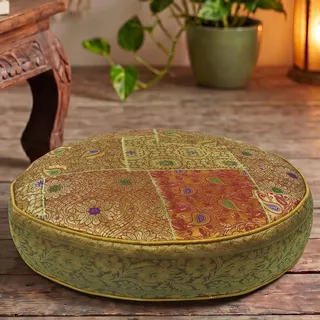 GURU SHOP Orientalisches Rundes Patchwork Kissen 40 cm, Sitzkissen, Bodenkissen mit Baumwollfüllung - Goldgelb