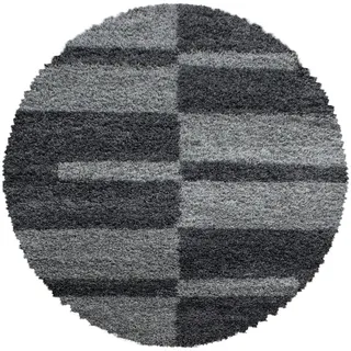 Carpetsale24 Hochflor Teppich Rund 80 cm Grau – Weicher Shaggy Flokati im karierten Design – Kleiner Bodenteppich für Flur