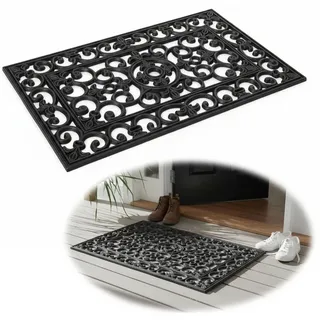 LS-LebenStil Fußmatte Türmatte Fußmatte Gummi Filigran 75x45cm Schwarz Fußabtreter Außen, Rechteckig, Ornament Antirutschmatte Türvorleger Schmutzfangmatte Gummimatte schwarz