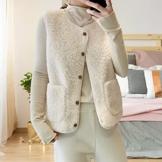 Damen Teddy-Fleece-Weste, warm, ärmellos, Plüsch-Weste mit Knopfleiste, einfarbig, lockere Passform, lässige Outwear für den täglichen Urlaub, Party, Khaki-Weiß, Kaffee, Größen S-2XL (XXL Weiß)