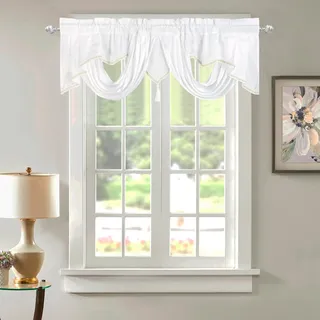 Dreamskull Scheibengardine Bistrogardine Kurzgardine Kurzstores Gardinen Volant Kurz Küche Modern Blickdicht Landhaus Elegant Kleinfenster Kurzvorhang mit Quaste HxB 45x140cm (Weiß)