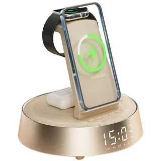 6-in-1 Kabelloses Ladegerät für iPhone & Samsung, Radiowecker mit Bluetooth-Lautsprecher, für Apple Watch & AirPods mit Licht - Weiß