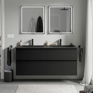 BERNSTEIN - Waschtisch zum Aufhängen, MDF, schwarz, matt, Waschbecken aus Mineralguss, mattschwarz + Hahnloch, Griff aus Metall, Anthrazit, matt, 120 x 46 x 62 cm – LAVOA