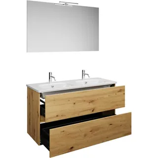 burgbad Rocio Set aus Spiegel mit LED-Leuchte, Doppelwaschtisch und Waschtischunterschrank, Breite 1200mm, SGYR120F6224C0001, Farbe: Eiche Dekor Urban