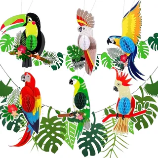Tropische Vogeldekoration, 6 Stück Papagei Hängende Dekorationen und 2 Stück Blätter Girlande, Papageien Tropische Vögel Hängende Dekorationen für Hawaii Sommer Party Deko