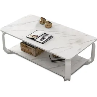 Shally Dogan Couchtisch mit 2 Ablagen, Design Luxury Premium mit Marmor-Effekt, rechteckiger Couchtisch, 2 Ebenen, für Wohnzimmer, elegant, 100 x 48 x 43 cm (Weiß), 36855