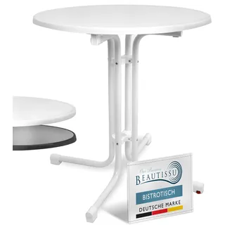 Beautissu Bistrotisch Outdoor Rund Ø 80 cm Wasserfest – Beistelltisch Balkontisch Wetterfest Gartentisch Rund Klappbar 70 cm hoch – Campingtisch Partytisch Esstisch Gastro – Weiß Bistroni