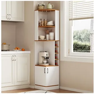 HAUSS SPOLE Eckvitrine mit Weinglasregal,freistehend Bartheke Hochschrank 40×40×182cm,Weiß (Wohnzimmerschrank mit geschlossenem Unterschrank und offenen Regalfächern für Esszimmer, Küche und Wohnzimmer) Bücherregal Beistellschrank mit Edelstahl-Weinglashalter weiß