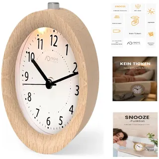 Holzwecker analog ohne Ticken Snooze Nachtlicht 1AA Batterie Naturholz