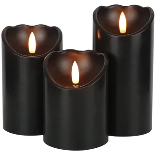 Eldnacele Schwarze Halloween Flammenlose Kerzen mit 6-Stunden-Timer, Batteriebetriebene Flackernde LED-Stumpenkerzen, Echtwachskerzen für Halloween Dekoration, 3er-Set, Ø 7,5 cm x H 10, 13, 15 cm