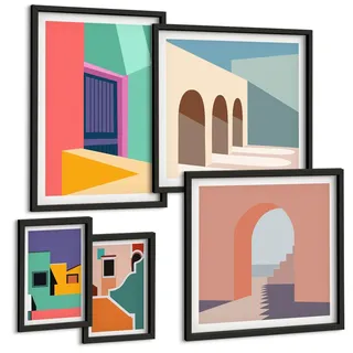 BILDER SET 5er Set - 50x50 cm & 20x30 cm & 40x60 cm Schwarzer Rahmen - Farbenfrohe Illustrationen der Stadt