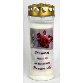 Grabkerze mit Spruch und Motiv Rose, (21x7,5 cm) Grablicht mit 7 Tage Brenndauer (3786), Wetterfestes Trauerlicht mit Deckel, Hochwertige Trauerkerze, Edle Gedenkkerze aus Deutschland