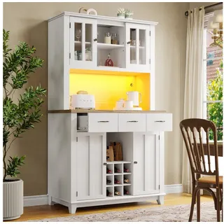 Celya Küchenbuffet Küchenschrank,Hochschrank Küchenbuffet,Vitrinenschrank, Buffetschrank mit Verstellbaren Ablagen,Sideboard mit LED-Beleuchtung,Buffetschrank weiß