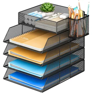 VITVITI Stapelbare Briefablage, Schreibtisch Organizer mit 5 Aktenhalter und 1 Stiftehalter, für A4 Dokument, Büro Organizer aus Metall, Schreibtischablage für Büroablage, Postkörbe (Black)