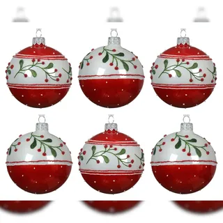 Christmas Decorations 6 Glaskugeln Weihnachtsmotive 8cm Handbemalt Mundgeblasen Weihnachtskugeln Christbaumkugeln Mistelzweig Beeren Glitzer Schneepunkte Rot Weiß