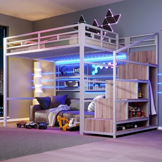 Merax Hochbett aus Metall, 140 x 200 cm, mit Kleiderschrank, Stauraumleiter, Freifläche unter dem Bett, LED-Bettgestell(ohne Matratze) für Kinder/Erwachsene, Weiß