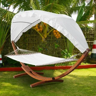 Vkechh Hängematte XXL mit Gestell und Sonnendach 410cm, bis 200kg, Liegefläche 200x150 cm, Hammock aus wetterfestem Lärchenholz, Stabhängematte für 2 Personen Outdoor und Indoor